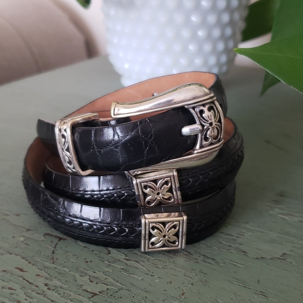 Vintage Black Leather Embossed Silver Belt